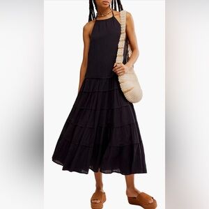 Free People Somewhere Sunny Halter Drop‎ Waist Midi dress Black Size M